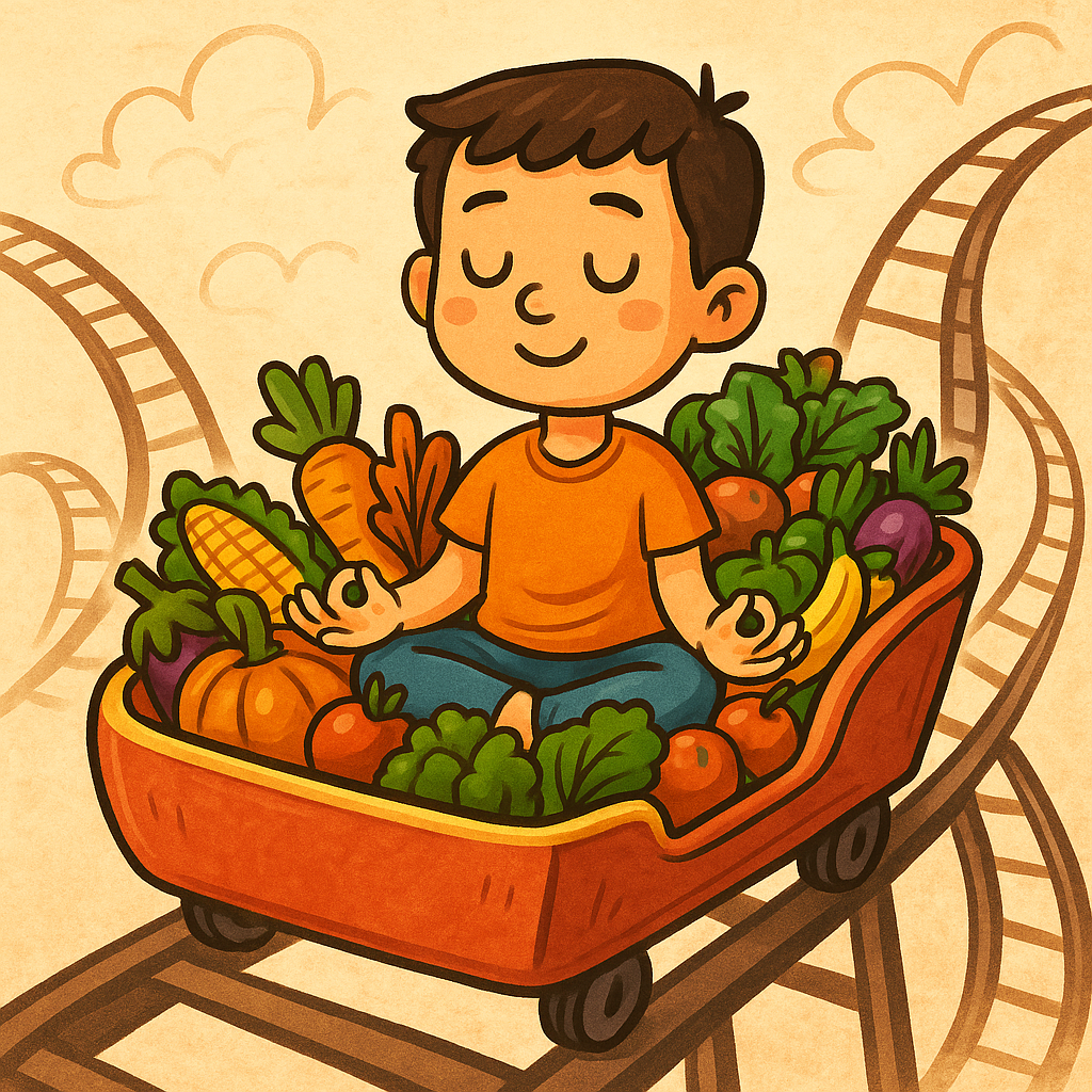 Our cartoon boy in his coaster car - meditating ... and the car is full of fresh fruit and vegetables! Image by DALLE and the authors.